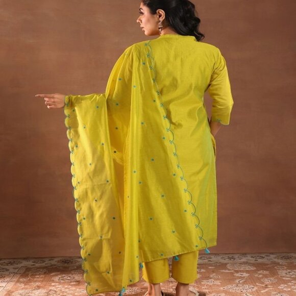 Green & Blue Embroidered Kurta Set with Trousers & Dupatta – Silk Blend S-2XL - Picture 5 of 7